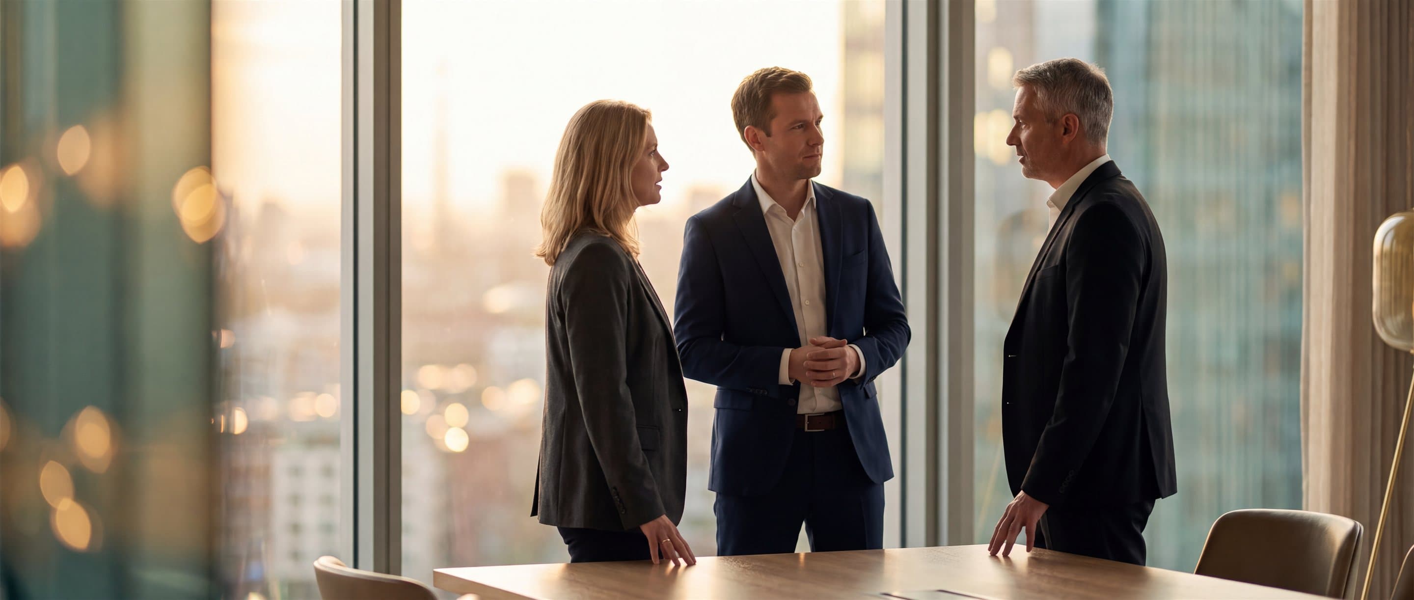 A confidential conversation · constructive negotiation in evening light